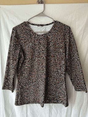 J.Mclaughlin 3/4 Sleeve Brown Black White Cheetah Print Top Womens Size Large